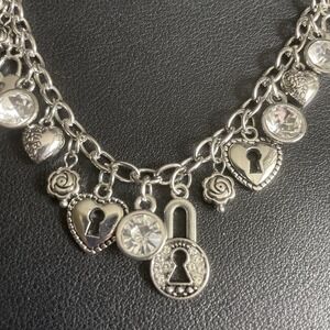 Charm Padlock Heart Necklace Rhinestone Rose Love Lock Silver Tone Jewelry